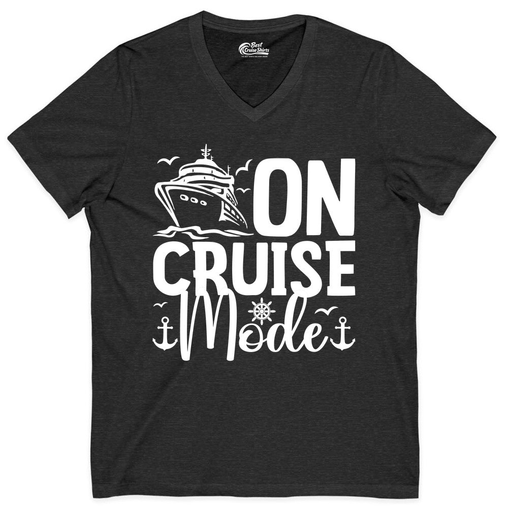 On Cruise Mode Shirt - Nautical Cruise Vacation Apparel for Travelers (V-Neck) in Dark Grey Heather - On Cruise Mode Nautical Typography Shirt with Ship Anchor Helm Icons