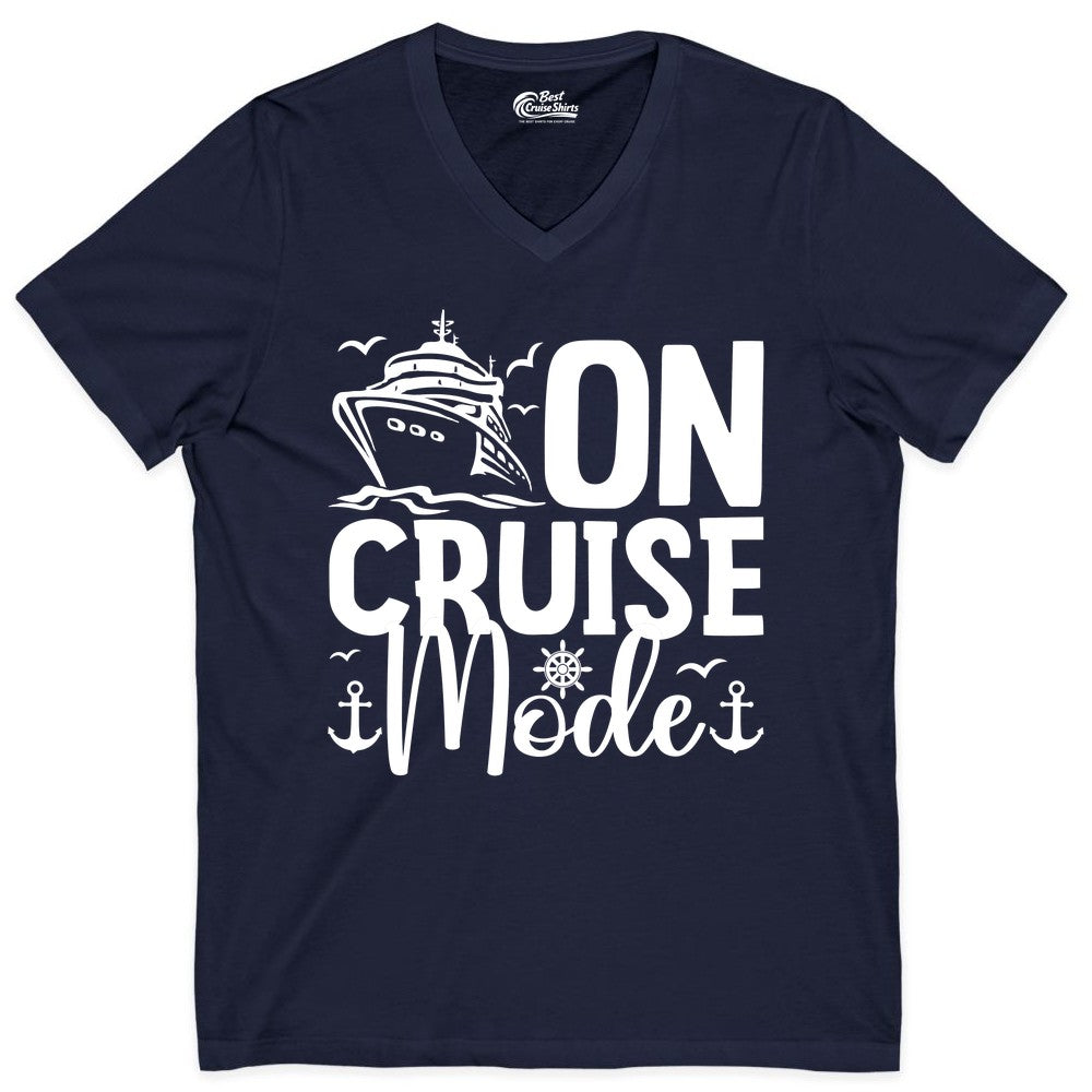 On Cruise Mode Shirt - Nautical Cruise Vacation Apparel for Travelers (V-Neck) in Navy - On Cruise Mode Nautical Typography Shirt with Ship Anchor Helm Icons
