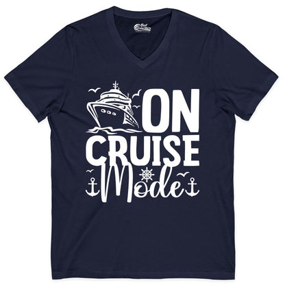 On Cruise Mode Shirt - Nautical Cruise Vacation Apparel for Travelers (V-Neck) in Navy - On Cruise Mode Nautical Typography Shirt with Ship Anchor Helm Icons