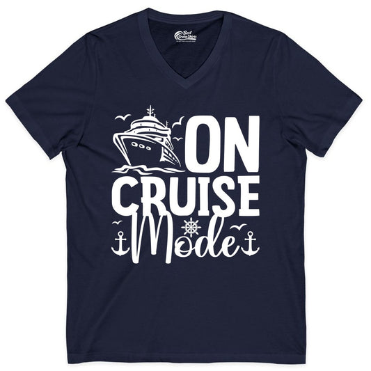 On Cruise Mode Shirt - Nautical Cruise Vacation Apparel for Travelers (V-Neck) in Navy - On Cruise Mode Nautical Typography Shirt with Ship Anchor Helm Icons