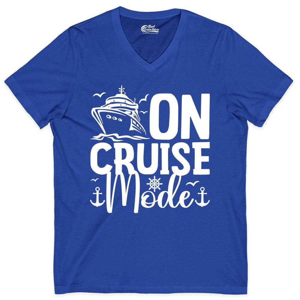 On Cruise Mode Shirt - Nautical Cruise Vacation Apparel for Travelers (V-Neck) in True Royal - On Cruise Mode Nautical Typography Shirt with Ship Anchor Helm Icons