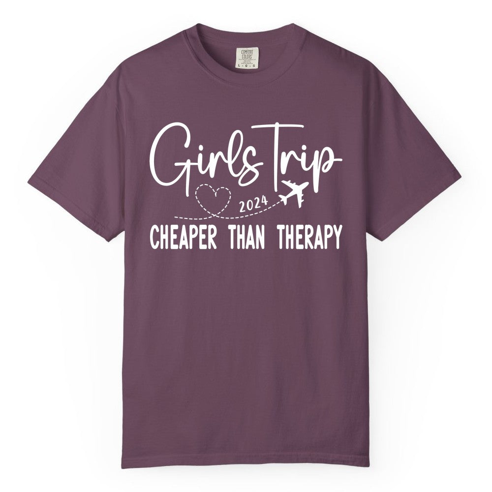 Girls Trip Shirt 2024 - Cheaper Than Therapy Girls Vacation Tee (Comfort Color) in Berry - Girls Trip 2024 Cheaper Than Therapy Airplane Heart Travel Shirt