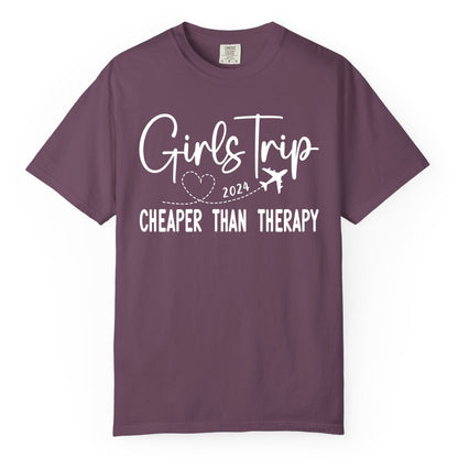 Girls Trip Shirt 2024 - Cheaper Than Therapy Girls Vacation Tee (Comfort Color) in Berry - Girls Trip 2024 Cheaper Than Therapy Airplane Heart Travel Shirt