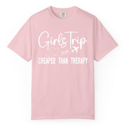 Girls Trip Shirt 2024 - Cheaper Than Therapy Girls Vacation Tee (Comfort Color) in Blossom - Girls Trip 2024 Cheaper Than Therapy Airplane Heart Travel Shirt