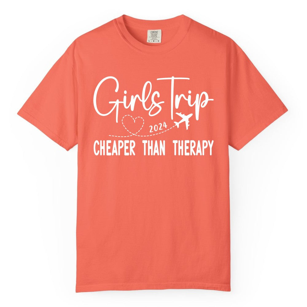 Girls Trip Shirt 2024 - Cheaper Than Therapy Girls Vacation Tee (Comfort Color) in Bright Salmon - Girls Trip 2024 Cheaper Than Therapy Airplane Heart Travel Shirt
