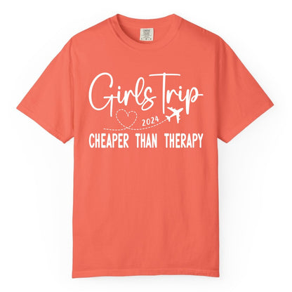 Girls Trip Shirt 2024 - Cheaper Than Therapy Girls Vacation Tee (Comfort Color) in Bright Salmon - Girls Trip 2024 Cheaper Than Therapy Airplane Heart Travel Shirt