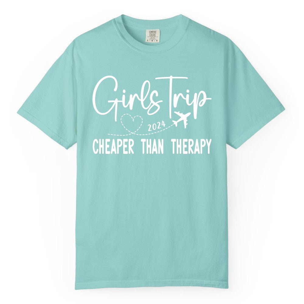 Girls Trip Shirt 2024 - Cheaper Than Therapy Girls Vacation Tee (Comfort Color) in Chalky Mint - Girls Trip 2024 Cheaper Than Therapy Airplane Heart Travel Shirt