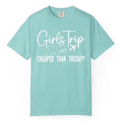 Girls Trip Shirt 2024 - Cheaper Than Therapy Girls Vacation Tee (Comfort Color) in Chalky Mint - Girls Trip 2024 Cheaper Than Therapy Airplane Heart Travel Shirt