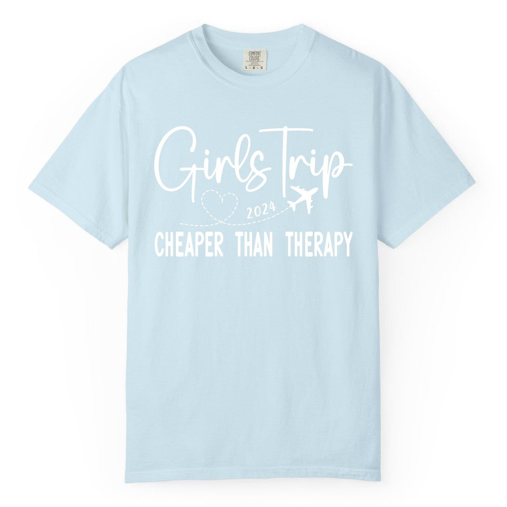 Girls Trip Shirt 2024 - Cheaper Than Therapy Girls Vacation Tee (Comfort Color) in Chambray - Girls Trip 2024 Cheaper Than Therapy Airplane Heart Travel Shirt