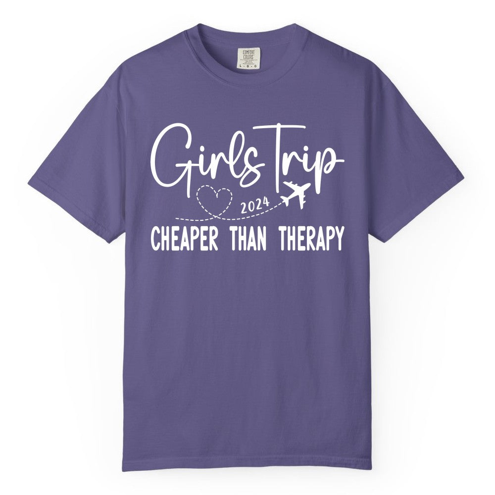 Girls Trip Shirt 2024 - Cheaper Than Therapy Girls Vacation Tee (Comfort Color) in Grape - Girls Trip 2024 Cheaper Than Therapy Airplane Heart Travel Shirt