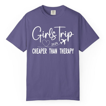 Girls Trip Shirt 2024 - Cheaper Than Therapy Girls Vacation Tee (Comfort Color) in Grape - Girls Trip 2024 Cheaper Than Therapy Airplane Heart Travel Shirt