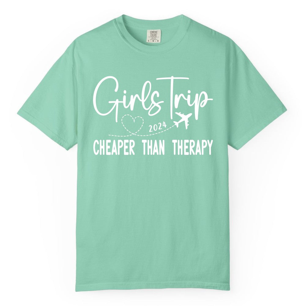 Girls Trip Shirt 2024 - Cheaper Than Therapy Girls Vacation Tee (Comfort Color) in Island Reef - Girls Trip 2024 Cheaper Than Therapy Airplane Heart Travel Shirt