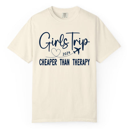 Girls Trip Shirt 2024 - Cheaper Than Therapy Girls Vacation Tee (Comfort Color) in Ivory - Girls Trip 2024 Cheaper Than Therapy Airplane Heart Travel Shirt