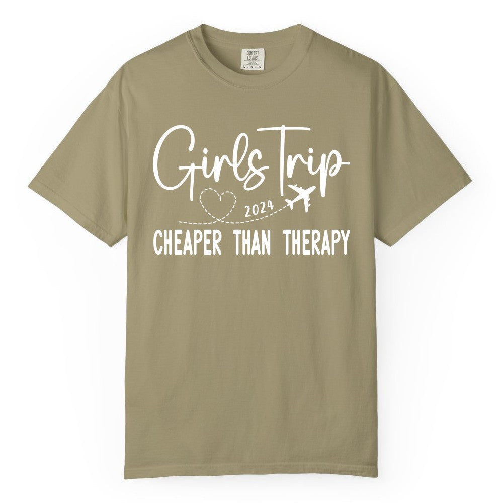 Girls Trip Shirt 2024 - Cheaper Than Therapy Girls Vacation Tee (Comfort Color) in Khaki - Girls Trip 2024 Cheaper Than Therapy Airplane Heart Travel Shirt