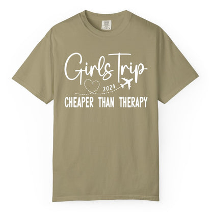Girls Trip Shirt 2024 - Cheaper Than Therapy Girls Vacation Tee (Comfort Color) in Khaki - Girls Trip 2024 Cheaper Than Therapy Airplane Heart Travel Shirt