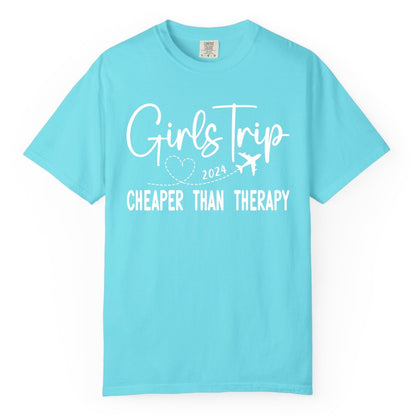 Girls Trip Shirt 2024 - Cheaper Than Therapy Girls Vacation Tee (Comfort Color) in Lagoon Blue - Girls Trip 2024 Cheaper Than Therapy Airplane Heart Travel Shirt