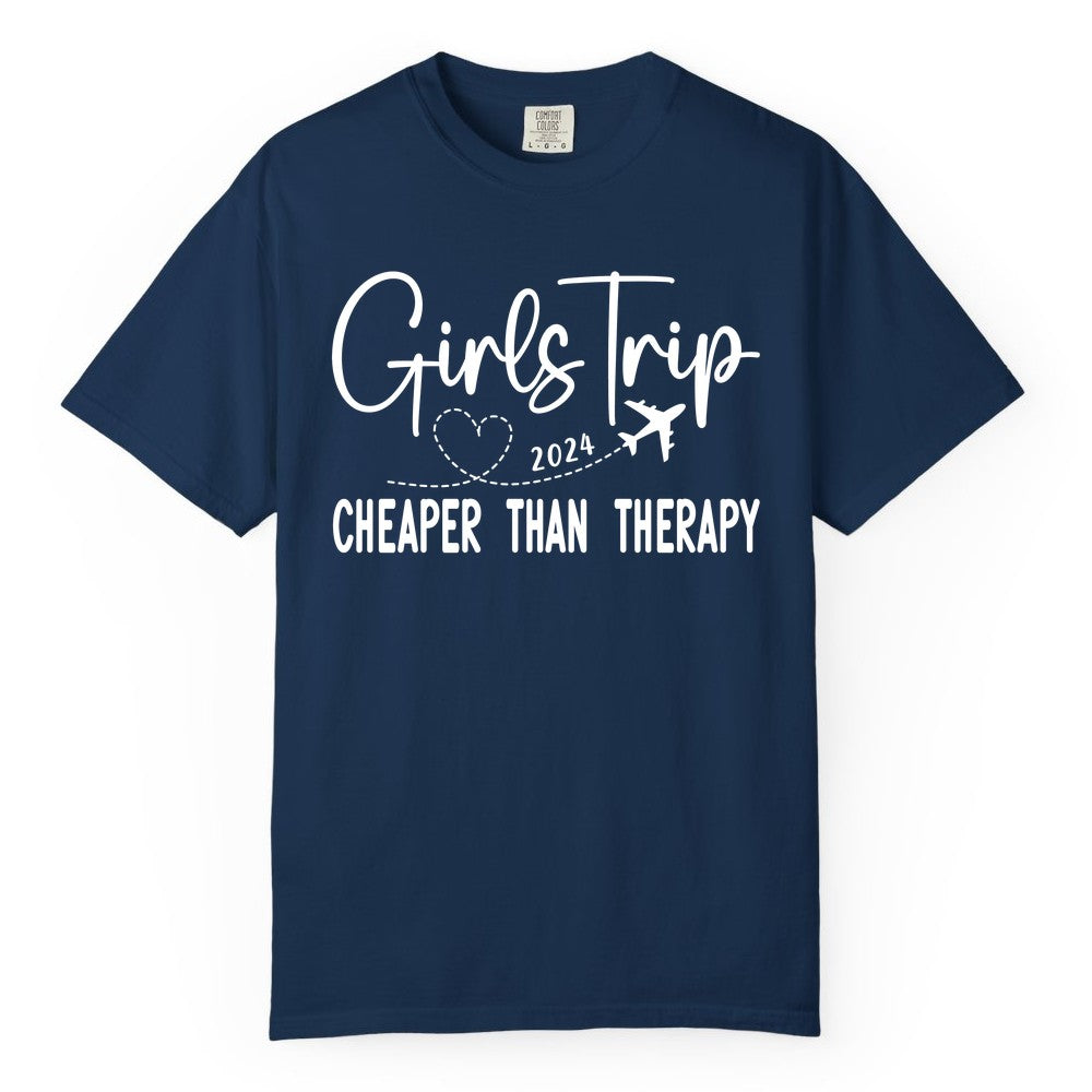 Girls Trip Shirt 2024 - Cheaper Than Therapy Girls Vacation Tee (Comfort Color) in Navy - Girls Trip 2024 Cheaper Than Therapy Airplane Heart Travel Shirt