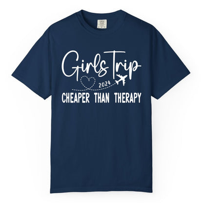 Girls Trip Shirt 2024 - Cheaper Than Therapy Girls Vacation Tee (Comfort Color) in Navy - Girls Trip 2024 Cheaper Than Therapy Airplane Heart Travel Shirt
