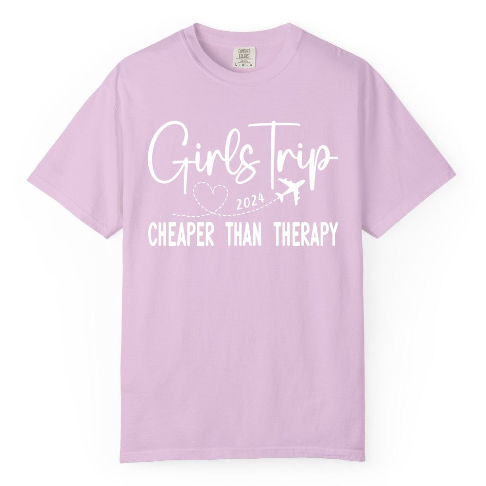 Girls Trip Shirt 2024 - Cheaper Than Therapy Girls Vacation Tee (Comfort Color) in Orchid - Girls Trip 2024 Cheaper Than Therapy Airplane Heart Travel Shirt