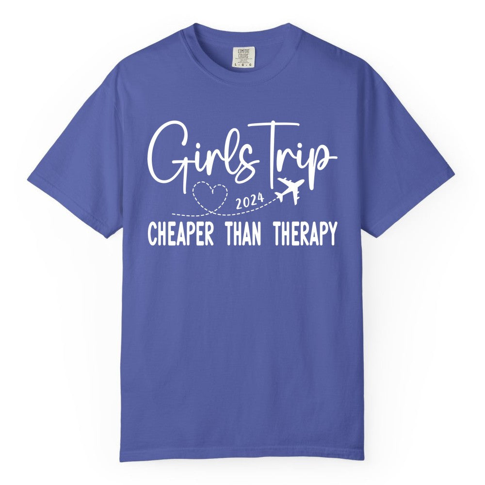 Girls Trip Shirt 2024 - Cheaper Than Therapy Girls Vacation Tee (Comfort Color) in Periwinkle - Girls Trip 2024 Cheaper Than Therapy Airplane Heart Travel Shirt
