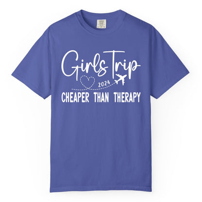 Girls Trip Shirt 2024 - Cheaper Than Therapy Girls Vacation Tee (Comfort Color) in Periwinkle - Girls Trip 2024 Cheaper Than Therapy Airplane Heart Travel Shirt