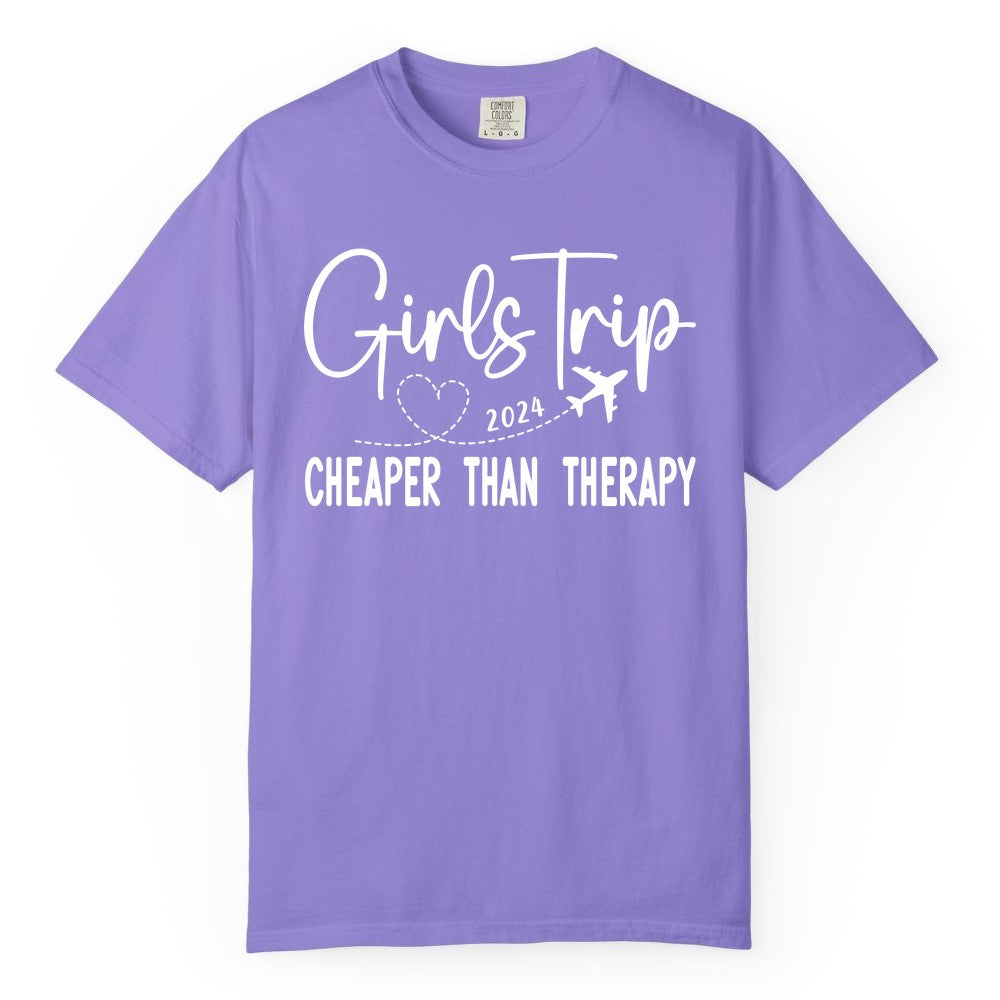 Girls Trip Shirt 2024 - Cheaper Than Therapy Girls Vacation Tee (Comfort Color) in Violet - Girls Trip 2024 Cheaper Than Therapy Airplane Heart Travel Shirt