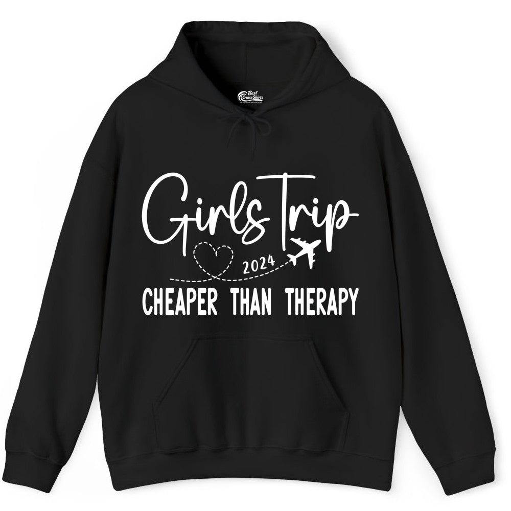 Girls Trip Shirt 2024 - Cheaper Than Therapy Girls Vacation Tee (Hoodie) in Black - Girls Trip 2024 Cheaper Than Therapy Airplane Heart Travel Shirt