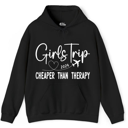 Girls Trip Shirt 2024 - Cheaper Than Therapy Girls Vacation Tee (Hoodie) in Black - Girls Trip 2024 Cheaper Than Therapy Airplane Heart Travel Shirt