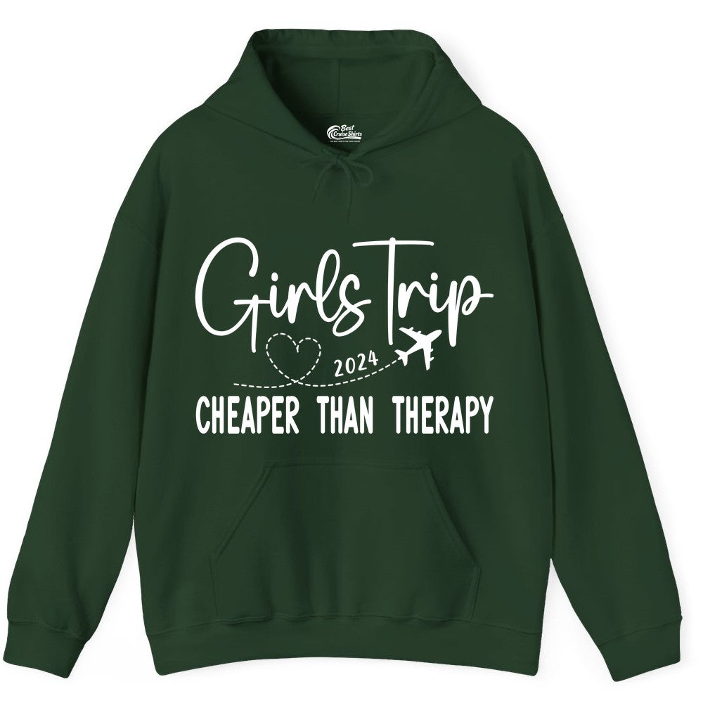 Girls Trip Shirt 2024 - Cheaper Than Therapy Girls Vacation Tee (Hoodie) in Forest Green - Girls Trip 2024 Cheaper Than Therapy Airplane Heart Travel Shirt