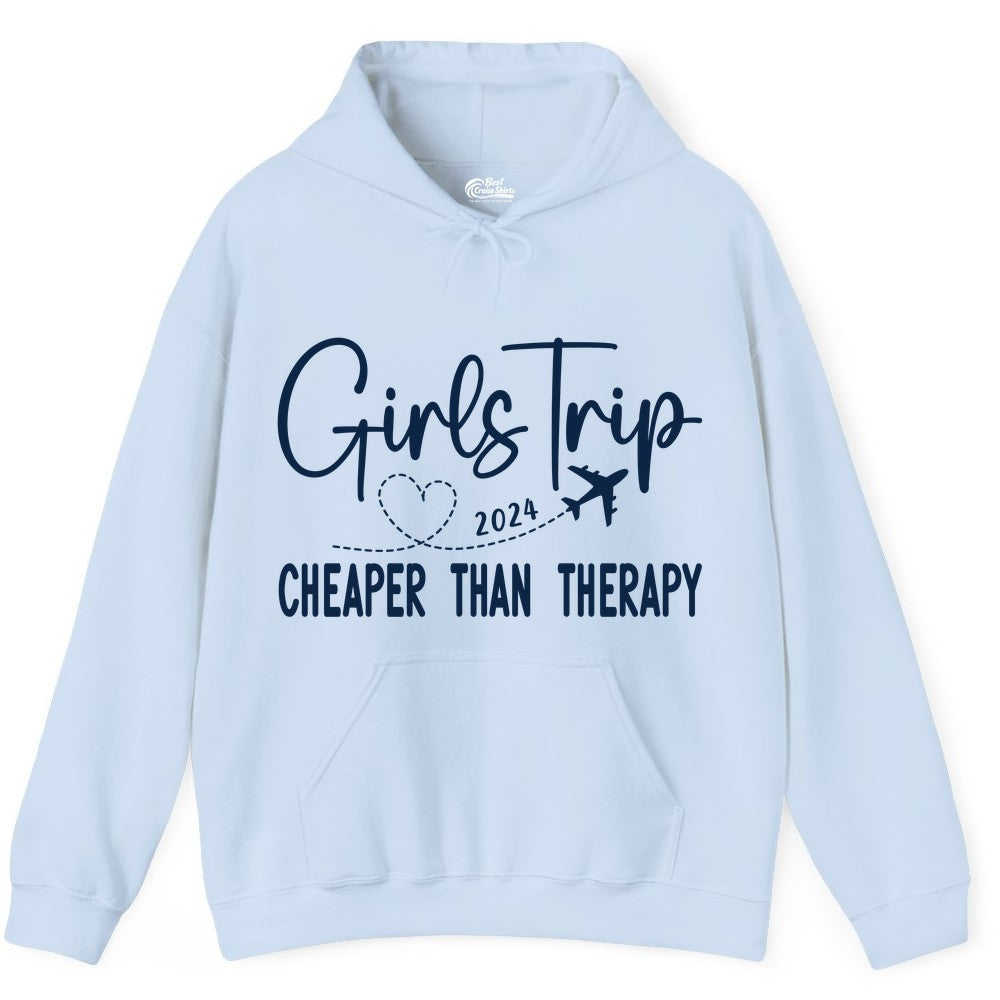 Girls Trip Shirt 2024 - Cheaper Than Therapy Girls Vacation Tee (Hoodie) in Light Blue - Girls Trip 2024 Cheaper Than Therapy Airplane Heart Travel Shirt