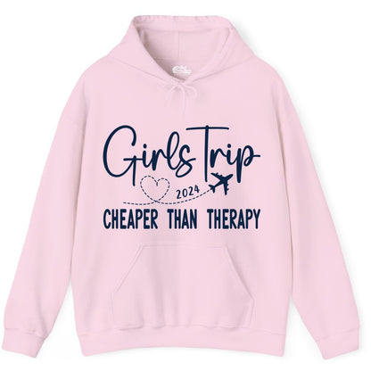 Girls Trip Shirt 2024 - Cheaper Than Therapy Girls Vacation Tee (Hoodie) in Light Pink - Girls Trip 2024 Cheaper Than Therapy Airplane Heart Travel Shirt