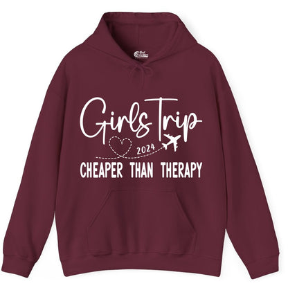 Girls Trip Shirt 2024 - Cheaper Than Therapy Girls Vacation Tee (Hoodie) in Maroon - Girls Trip 2024 Cheaper Than Therapy Airplane Heart Travel Shirt