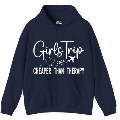 Girls Trip Shirt 2024 - Cheaper Than Therapy Girls Vacation Tee (Hoodie) in Navy - Girls Trip 2024 Cheaper Than Therapy Airplane Heart Travel Shirt