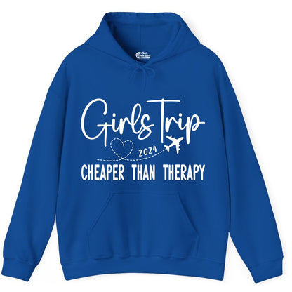 Girls Trip Shirt 2024 - Cheaper Than Therapy Girls Vacation Tee (Hoodie) in Royal - Girls Trip 2024 Cheaper Than Therapy Airplane Heart Travel Shirt