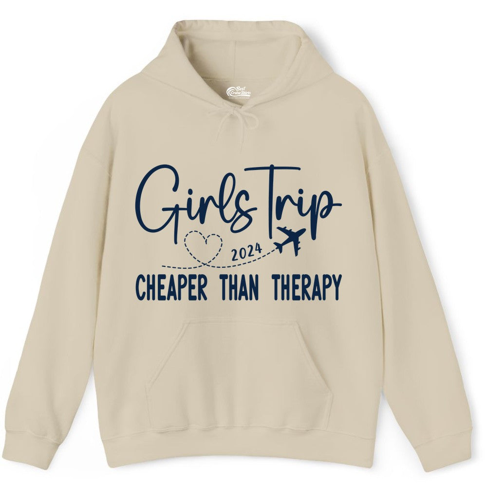 Girls Trip Shirt 2024 - Cheaper Than Therapy Girls Vacation Tee (Hoodie) in Sand - Girls Trip 2024 Cheaper Than Therapy Airplane Heart Travel Shirt