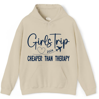 Girls Trip Shirt 2024 - Cheaper Than Therapy Girls Vacation Tee (Hoodie) in Sand - Girls Trip 2024 Cheaper Than Therapy Airplane Heart Travel Shirt