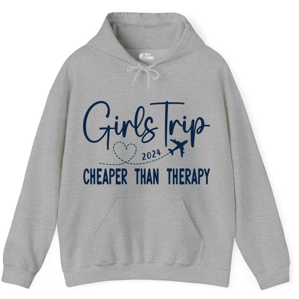 Girls Trip Shirt 2024 - Cheaper Than Therapy Girls Vacation Tee (Hoodie) in Sport Grey - Girls Trip 2024 Cheaper Than Therapy Airplane Heart Travel Shirt