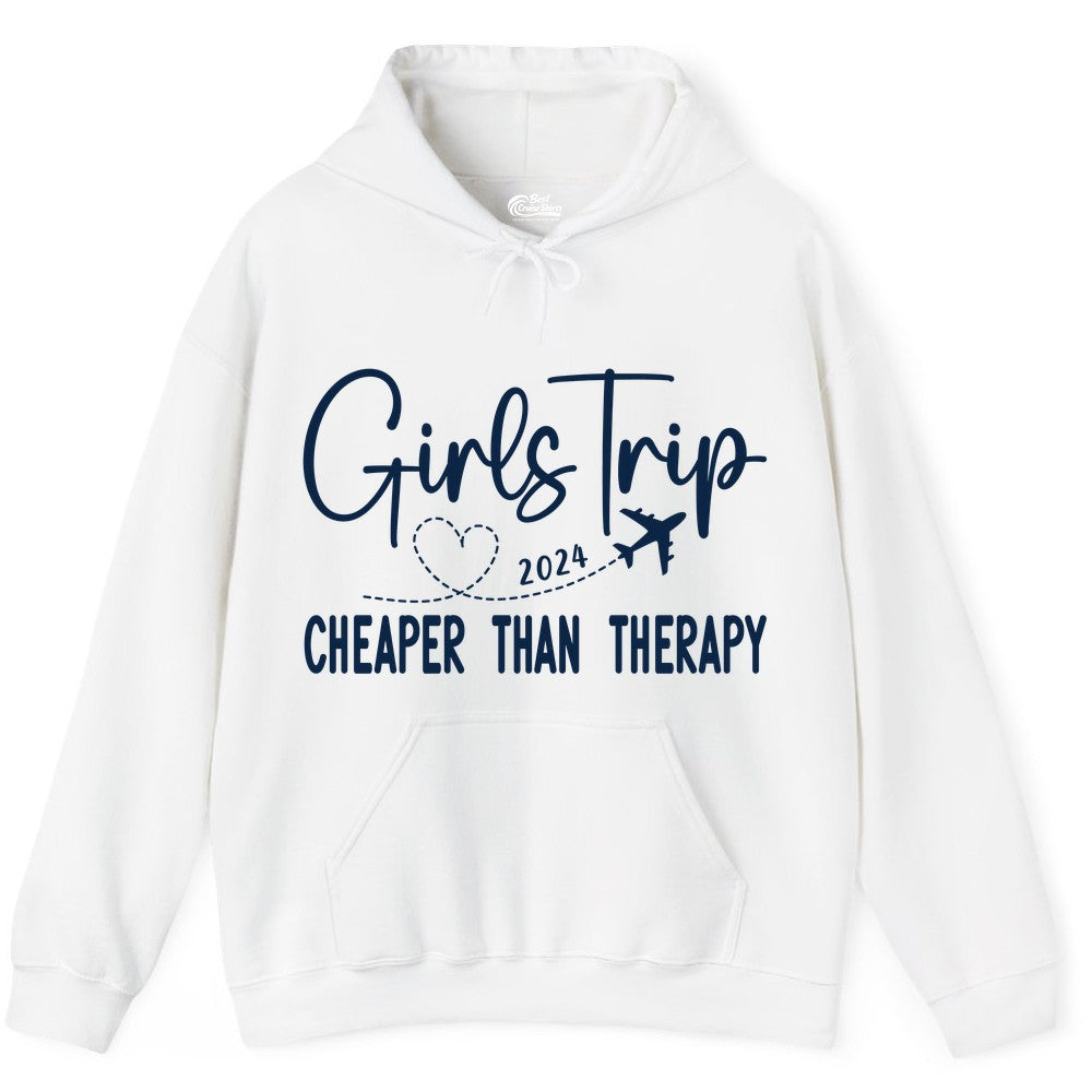 Girls Trip Shirt 2024 - Cheaper Than Therapy Girls Vacation Tee (Hoodie) in White - Girls Trip 2024 Cheaper Than Therapy Airplane Heart Travel Shirt