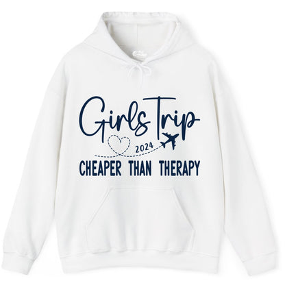 Girls Trip Shirt 2024 - Cheaper Than Therapy Girls Vacation Tee (Hoodie) in White - Girls Trip 2024 Cheaper Than Therapy Airplane Heart Travel Shirt