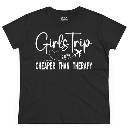 Girls Trip Shirt 2024 - Cheaper Than Therapy Girls Vacation Tee (Ladies Tee) in Black - Girls Trip 2024 Cheaper Than Therapy Airplane Heart Travel Shirt