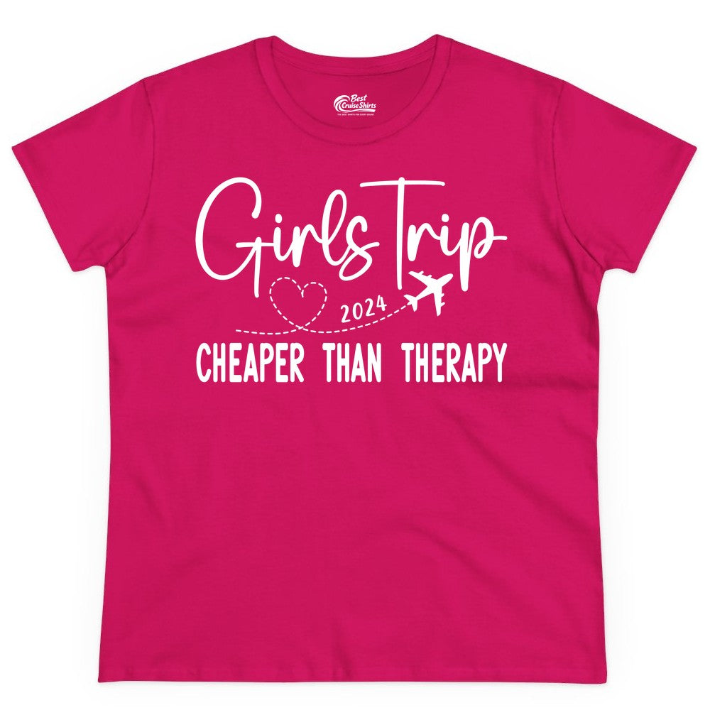 Girls Trip Shirt 2024 - Cheaper Than Therapy Girls Vacation Tee (Ladies Tee) in Heliconia - Girls Trip 2024 Cheaper Than Therapy Airplane Heart Travel Shirt