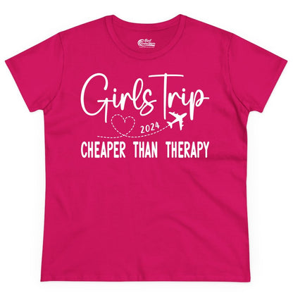 Girls Trip Shirt 2024 - Cheaper Than Therapy Girls Vacation Tee (Ladies Tee) in Heliconia - Girls Trip 2024 Cheaper Than Therapy Airplane Heart Travel Shirt