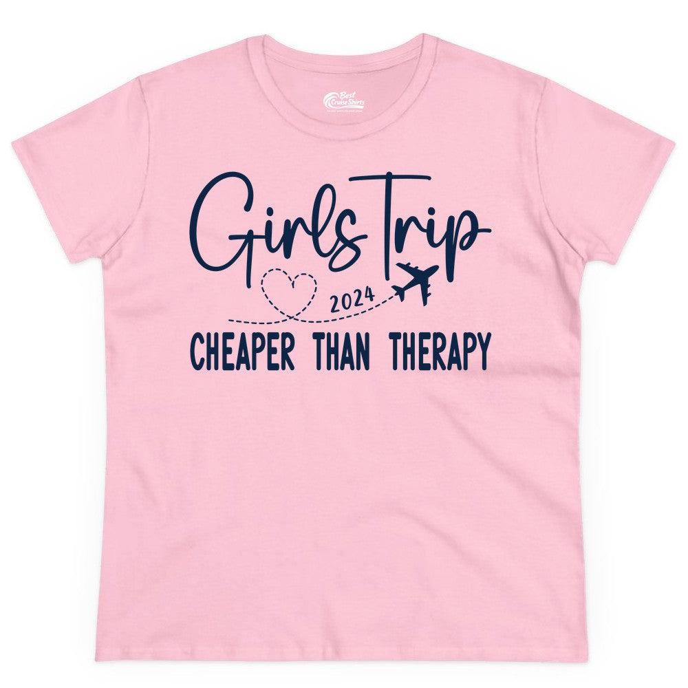 Girls Trip Shirt 2024 - Cheaper Than Therapy Girls Vacation Tee (Ladies Tee) in Light Pink - Girls Trip 2024 Cheaper Than Therapy Airplane Heart Travel Shirt