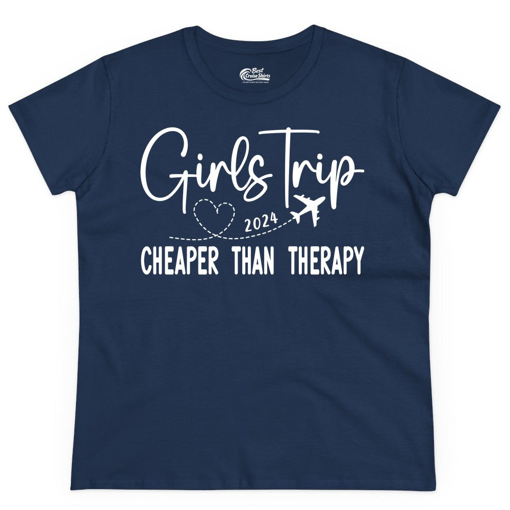 Girls Trip Shirt 2024 - Cheaper Than Therapy Girls Vacation Tee (Ladies Tee) in Navy - Girls Trip 2024 Cheaper Than Therapy Airplane Heart Travel Shirt