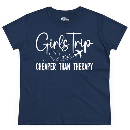 Girls Trip Shirt 2024 - Cheaper Than Therapy Girls Vacation Tee (Ladies Tee) in Navy - Girls Trip 2024 Cheaper Than Therapy Airplane Heart Travel Shirt