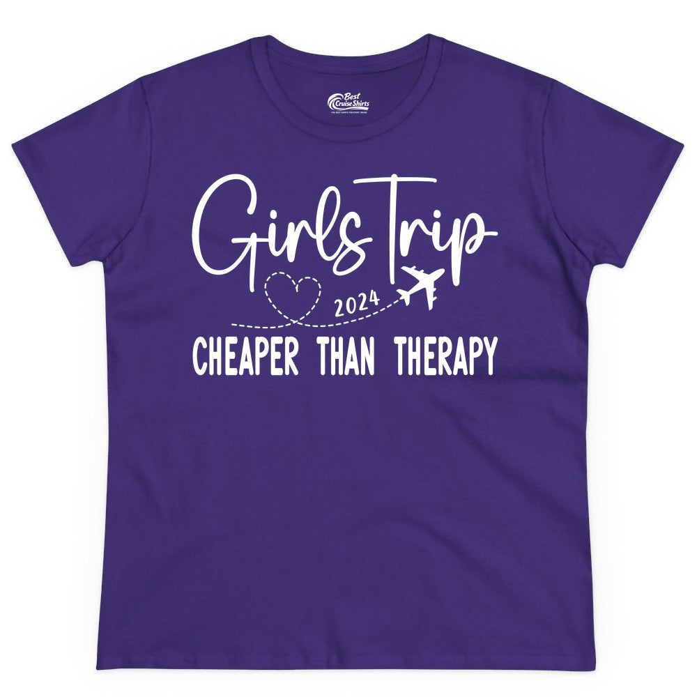 Girls Trip Shirt 2024 - Cheaper Than Therapy Girls Vacation Tee (Ladies Tee) in Purple - Girls Trip 2024 Cheaper Than Therapy Airplane Heart Travel Shirt