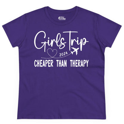 Girls Trip Shirt 2024 - Cheaper Than Therapy Girls Vacation Tee (Ladies Tee) in Purple - Girls Trip 2024 Cheaper Than Therapy Airplane Heart Travel Shirt