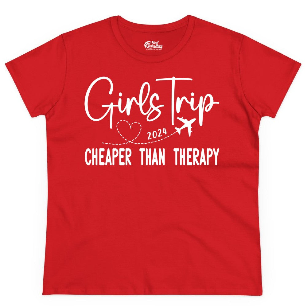 Girls Trip Shirt 2024 - Cheaper Than Therapy Girls Vacation Tee (Ladies Tee) in Red - Girls Trip 2024 Cheaper Than Therapy Airplane Heart Travel Shirt