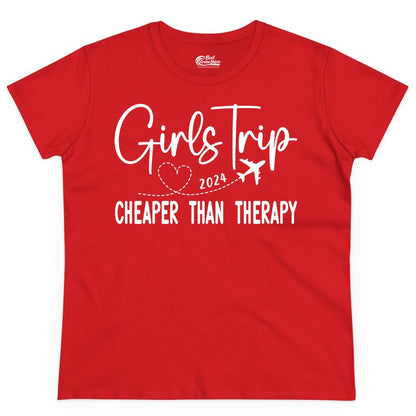 Girls Trip Shirt 2024 - Cheaper Than Therapy Girls Vacation Tee (Ladies Tee) in Red - Girls Trip 2024 Cheaper Than Therapy Airplane Heart Travel Shirt