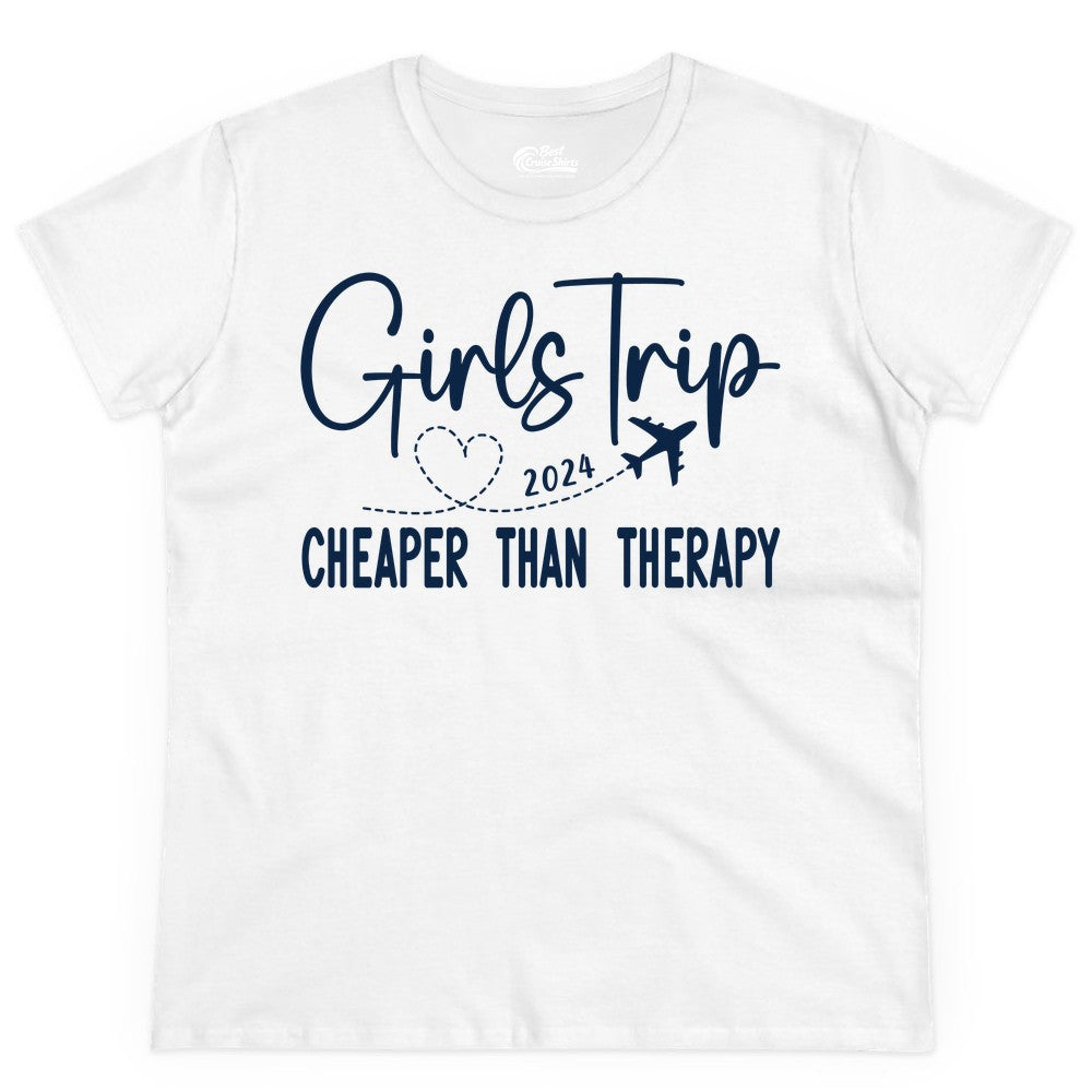 Girls Trip Shirt 2024 - Cheaper Than Therapy Girls Vacation Tee (Ladies Tee) in White - Girls Trip 2024 Cheaper Than Therapy Airplane Heart Travel Shirt